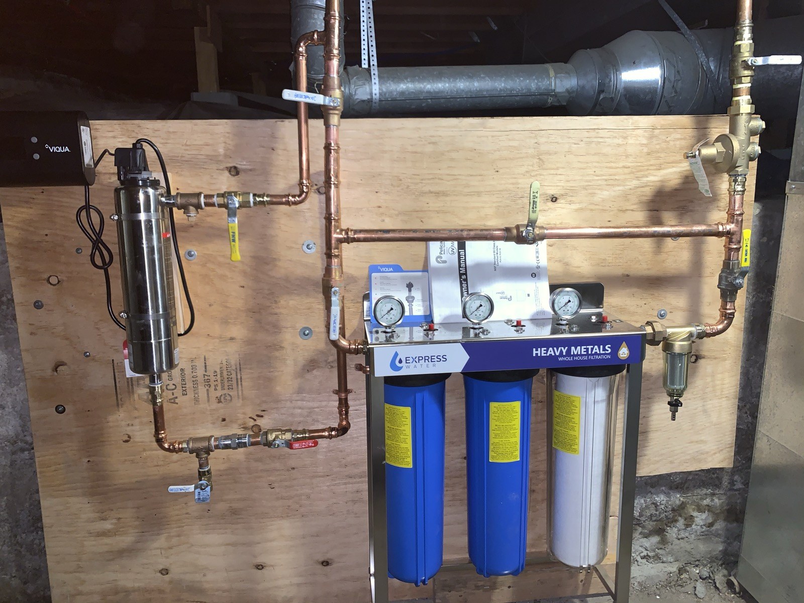 Whole-house filter cartridges and UV treatment connected with copper pipes
