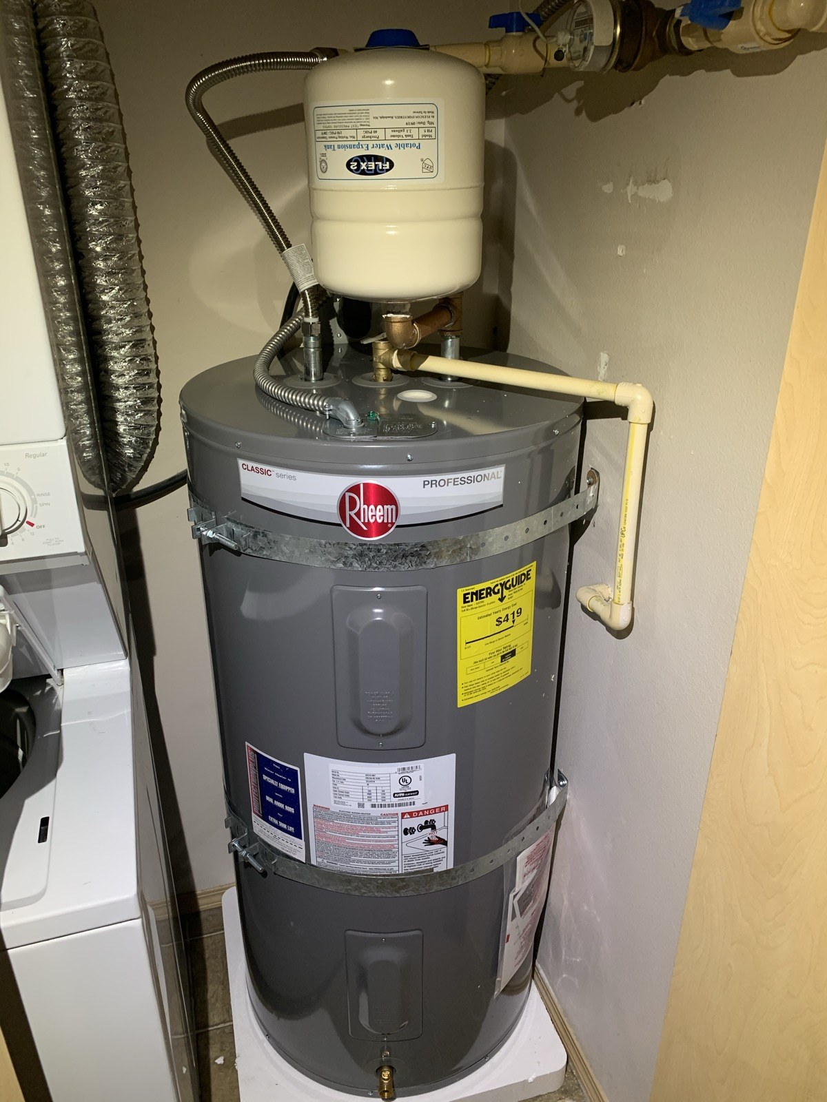 Rheem electric tank water heater with an expansion tank
